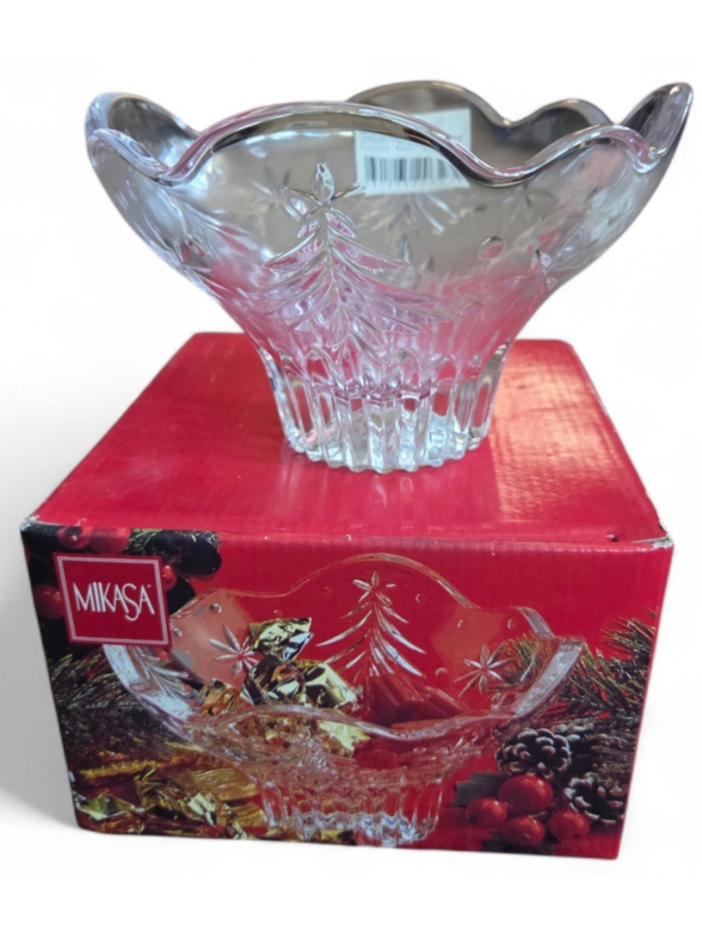 Mikasa Christmas Night Tree & Star Design 6" X 4" tall Footed Glass Candy Bowl